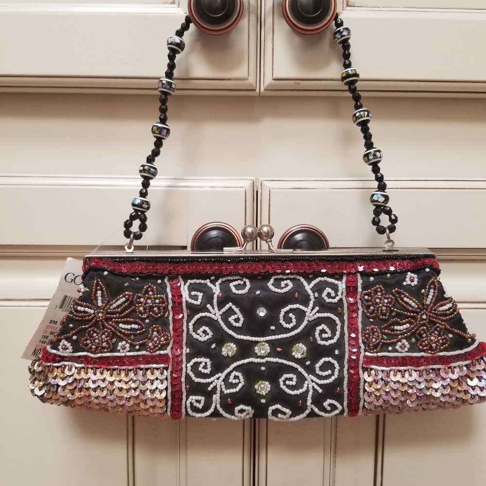 Beaded Black Embellished Evening Clutch with Floral Sequin Detail